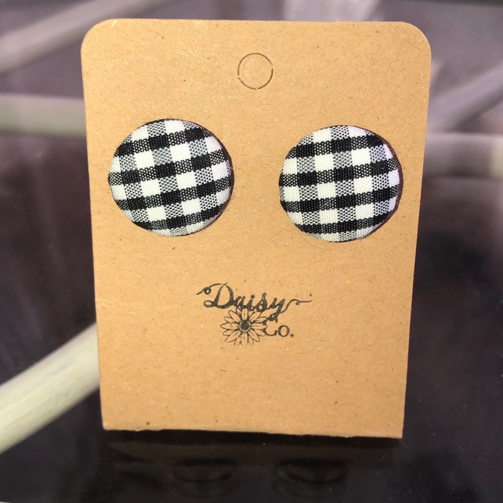 Gingham Padded Button Stud Earrings - Picture 3 of 4